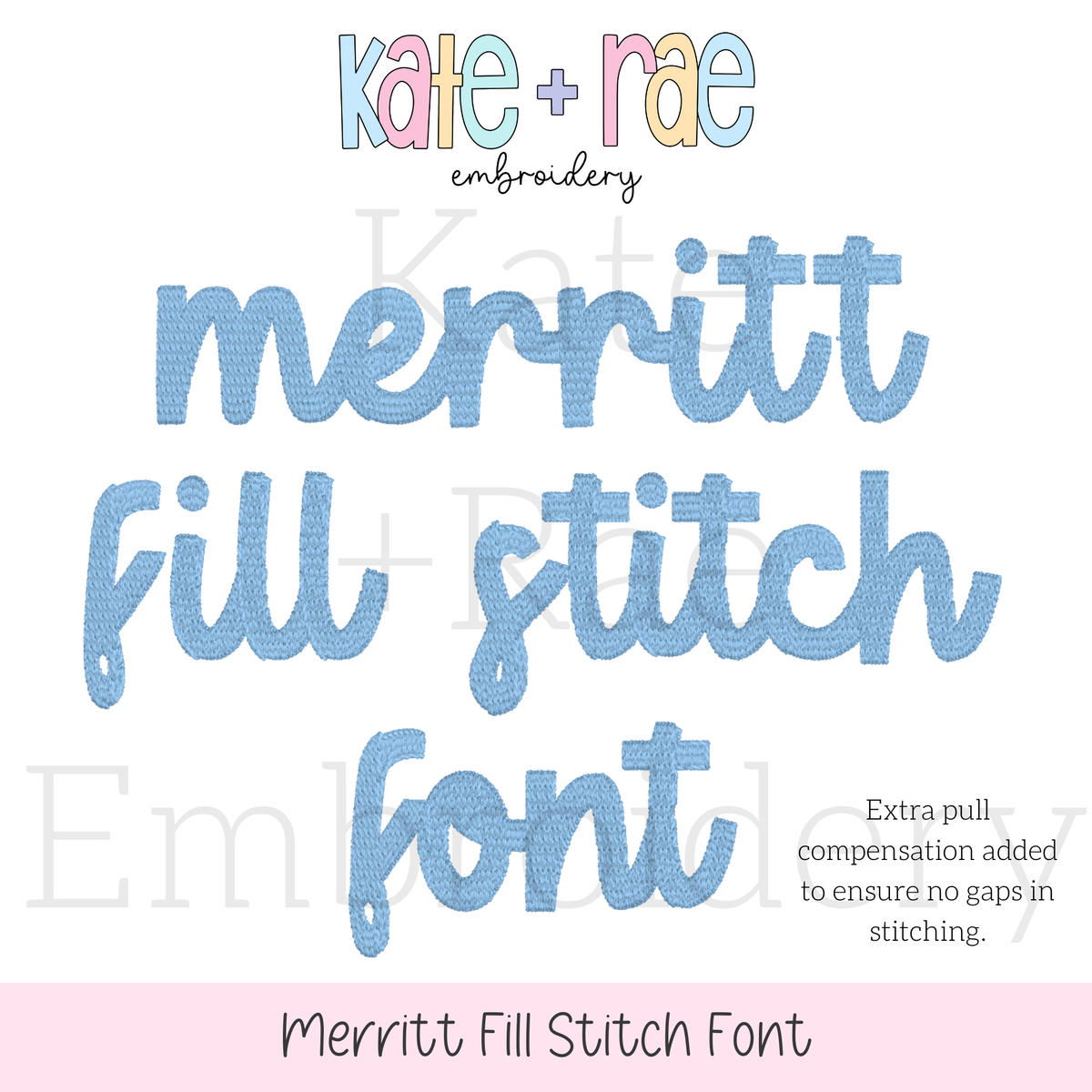 Merritt Fill Stitch Embroidery Font: Size chart showing font sizes 1 to 3 inches plus a native BX file resizable from 1 to 3 inches, default 1 inch