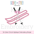 Skiing Satin Stitch Applique Embroidery Design: Design preview of pink satin outline skis crossed with ski poles