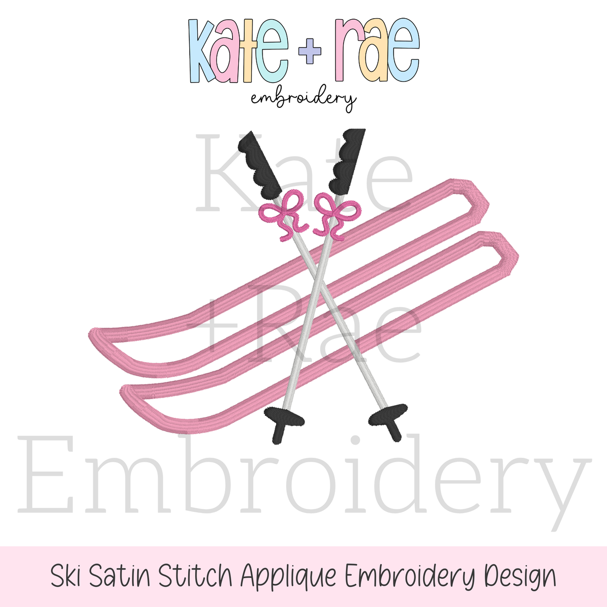 Skiing Satin Stitch Applique Embroidery Design: Design preview of pink satin outline skis crossed with ski poles
