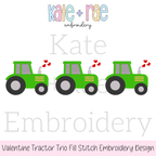 Heart Tractor Trio Fill Stitch Embroidery Design: Design preview of three green fill stitch tractors with red hearts