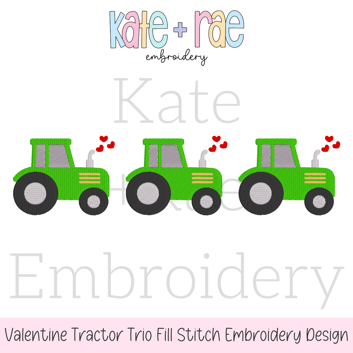 Heart Tractor Trio Fill Stitch Embroidery Design: Design preview of three green fill stitch tractors with red hearts