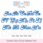 Caroline Satin Stitch Applique Embroidery Font: Upper and lowercase letters A to N in blue outlined retro script, available in 3 to 5 inch sizes