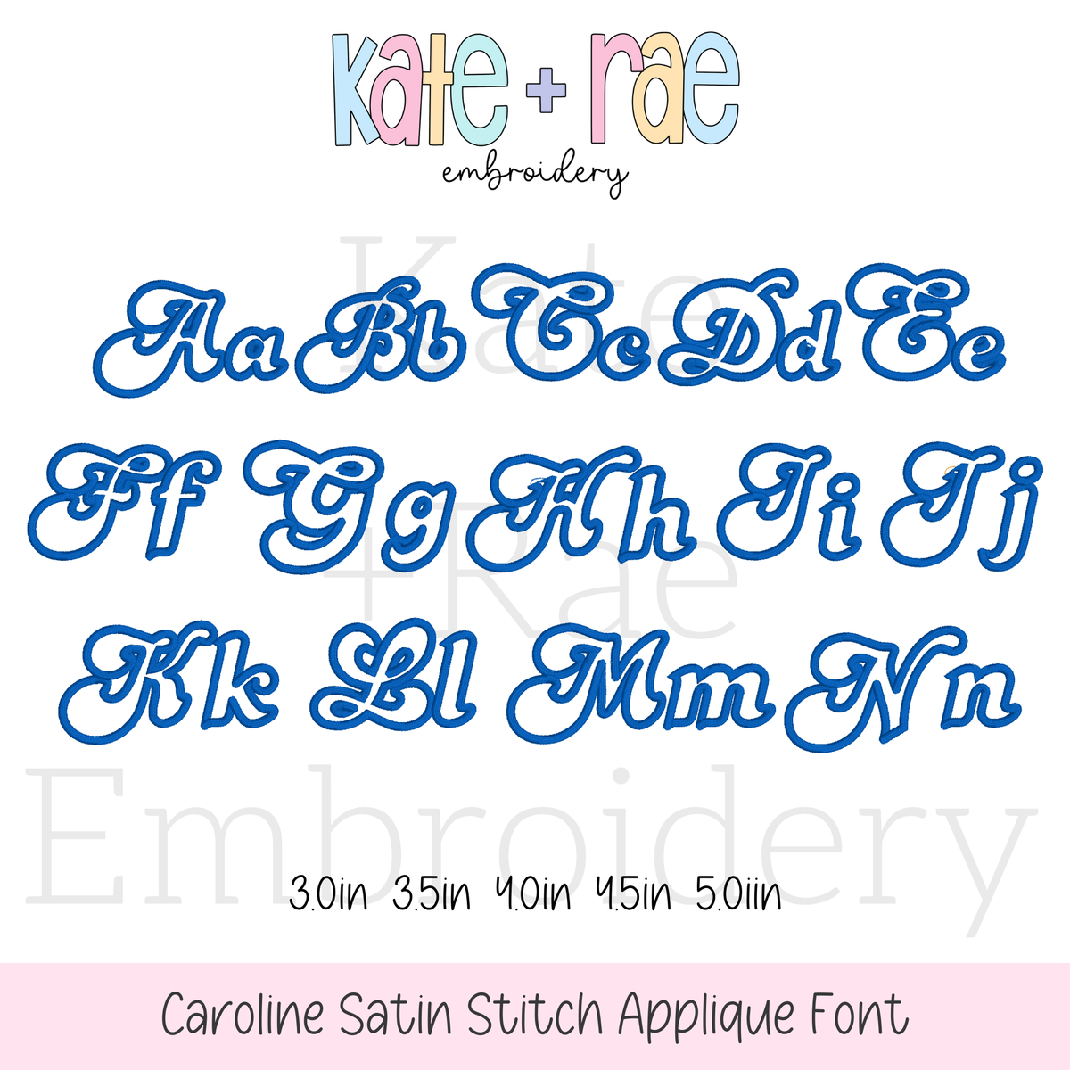 Caroline Satin Stitch Applique Embroidery Font: Upper and lowercase letters A to N in blue outlined retro script, available in 3 to 5 inch sizes