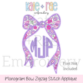 Longtail Bow Zigzag Stitch Applique Embroidery Design: Design preview of a purple floral longtail bow zigzag applique with a monogram, font not included