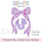 Longtail Bow Zigzag Stitch Applique Embroidery Design: Design preview of a purple floral longtail bow zigzag applique with a monogram, font not included