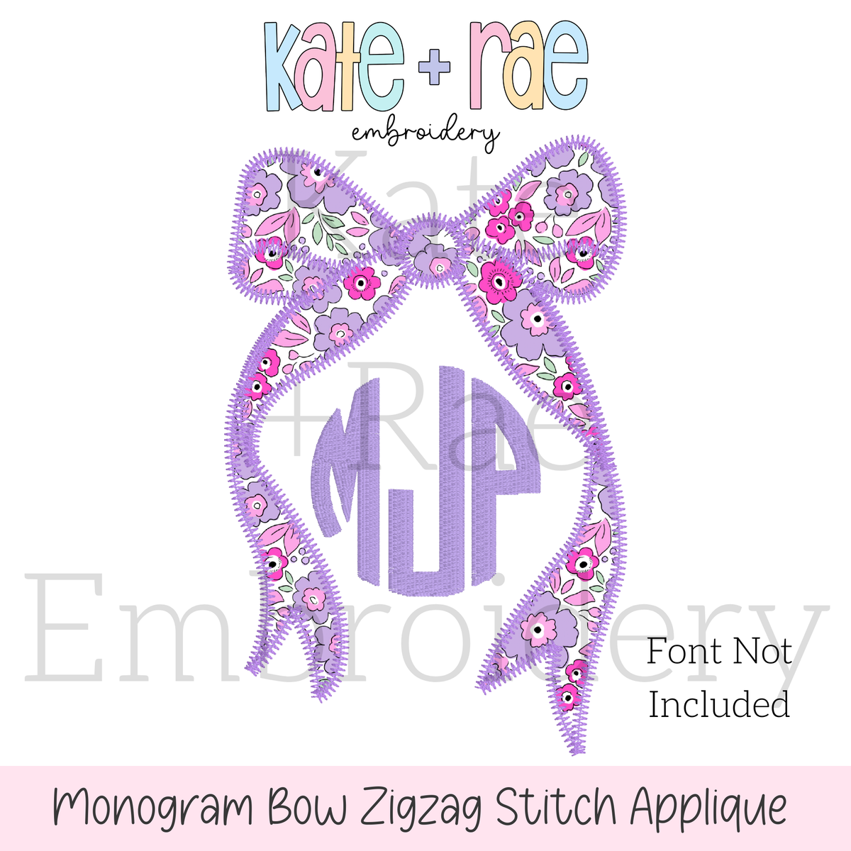 Longtail Bow Zigzag Stitch Applique Embroidery Design: Design preview of a purple floral longtail bow zigzag applique with a monogram, font not included