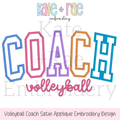 Volleyball Coach Satin Stitch Applique Embroidery Design: Design preview of COACH in multicolor satin applique block letters above volleyball in pink script