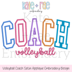 Volleyball Coach Satin Stitch Applique Embroidery Design: Design preview of COACH in multicolor satin applique block letters above volleyball in pink script