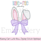 Easter Bunny Ears with Kinley Bow Zigzag Stitch Applique Embroidery Design: Design preview of gray and pink bunny ears zigzag applique with a lavender bow
