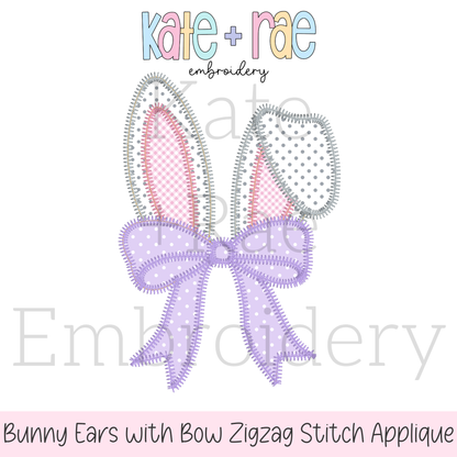 Easter Bunny Ears with Kinley Bow Zigzag Stitch Applique Embroidery Design