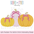 Girl's Fall Pumpkin Trio with Bows Sketch Stitch Machine Embroidery Design: Design preview of three yellow, pink, and orange sketch stitch pumpkins with pink bows