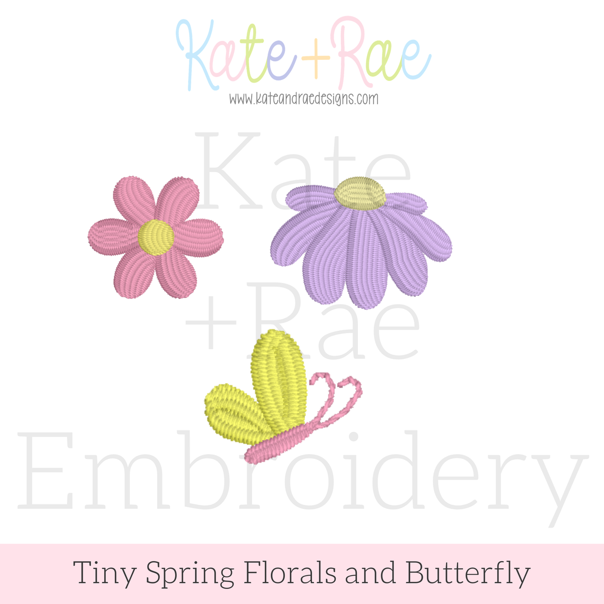 Tiny Spring Flowers and Butterfly Satin Stitch Mini Embroidery Design: Design preview of tiny pink and purple flowers and a yellow butterfly in satin stitch