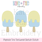 Boy's Summer Popsicle Trio Textured Sketch Stitch Embroidery Design: Design preview of three yellow and blue textured sketch stitch popsicles