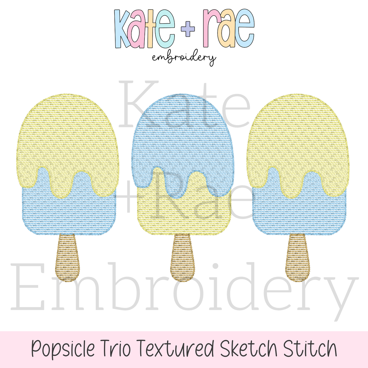 Boy's Summer Popsicle Trio Textured Sketch Stitch Embroidery Design: Design preview of three yellow and blue textured sketch stitch popsicles