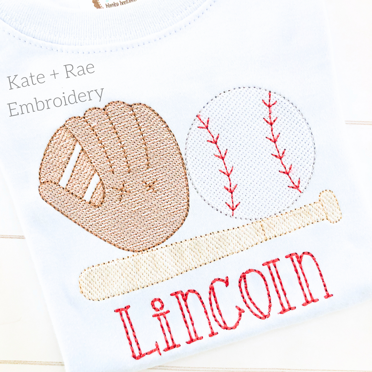 Boy's Baseball Sketch Stitch Embroidery Design: Sketch stitch glove, baseball, and bat above the name Lincoln in red on a white shirt