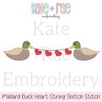 Mallard Duck with Heart String Sketch Stitch Embroidery Design: Design preview of two sketch stitch mallard ducks holding a string of red hearts