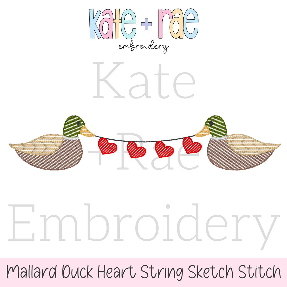 Mallard Duck with Heart String Sketch Stitch Embroidery Design: Design preview of two sketch stitch mallard ducks holding a string of red hearts