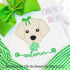 Girls St. Patrick's Day Puppy Dog Sketch Stitch Embroidery Design: Sketch stitch puppy with a green bow holding a shamrock above the name autumn in green script on a white shirt