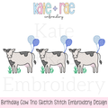 Cow Trio with Birthday Balloons Sketch Stitch Embroidery Design: Design preview of three sketch stitch cows with blue birthday balloons