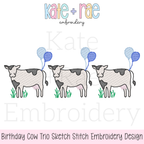 Cow Trio with Birthday Balloons Sketch Stitch Embroidery Design: Design preview of three sketch stitch cows with blue birthday balloons