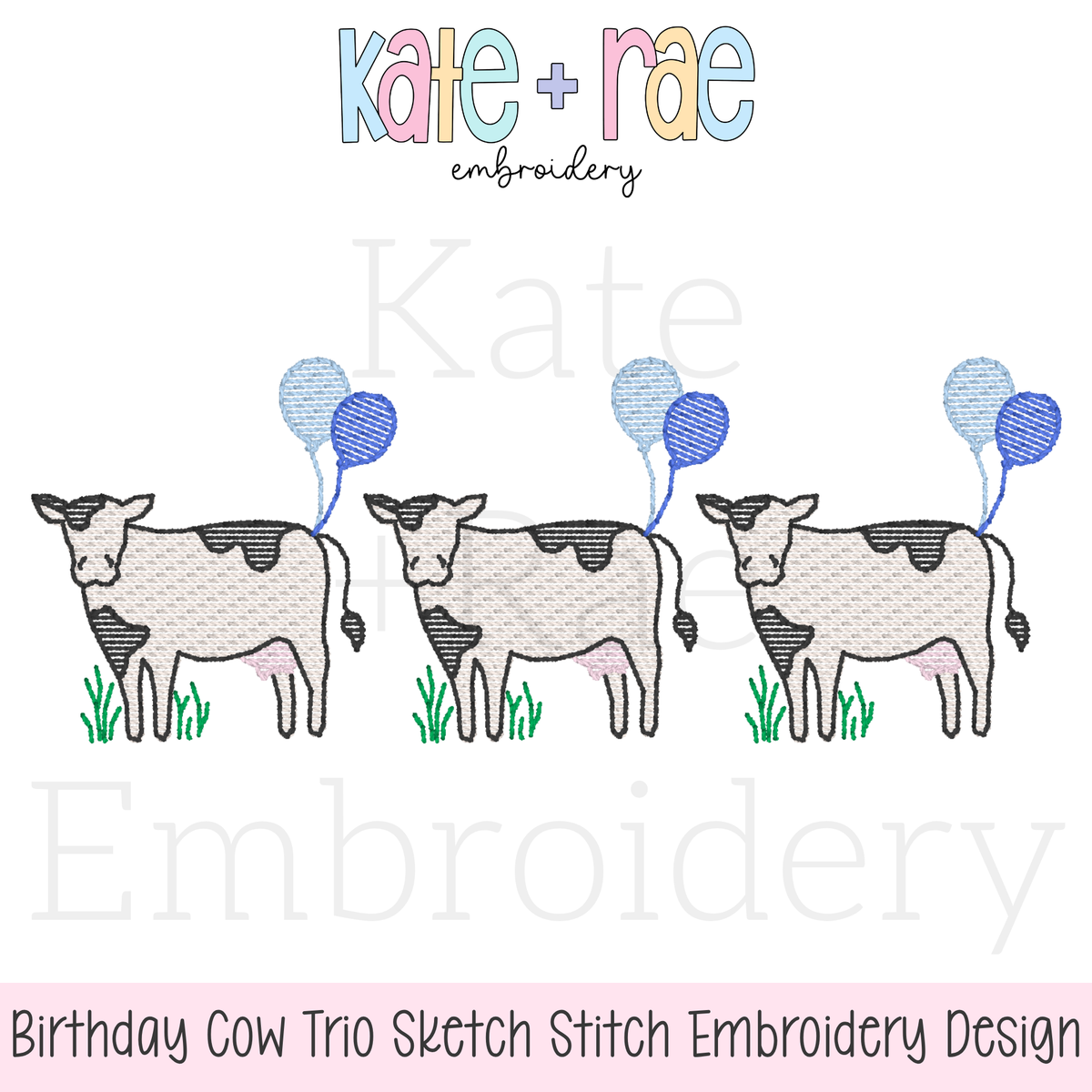 Cow Trio with Birthday Balloons Sketch Stitch Embroidery Design: Design preview of three sketch stitch cows with blue birthday balloons