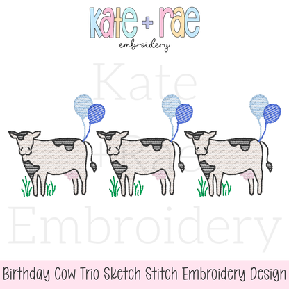 Cow Trio with Birthday Balloons Sketch Stitch Embroidery Design