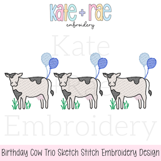 Cow Trio with Birthday Balloons Sketch Stitch Embroidery Design