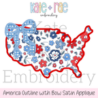 America Outline with Bow Satin Stitch Applique Embroidery Design: Design preview of a red, white, and blue floral America outline satin applique with a blue gingham bow