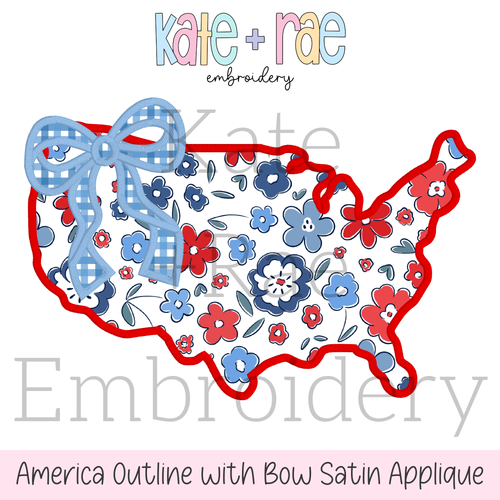 America Outline with Bow Satin Stitch Applique Embroidery Design: Design preview of a red, white, and blue floral America outline satin applique with a blue gingham bow