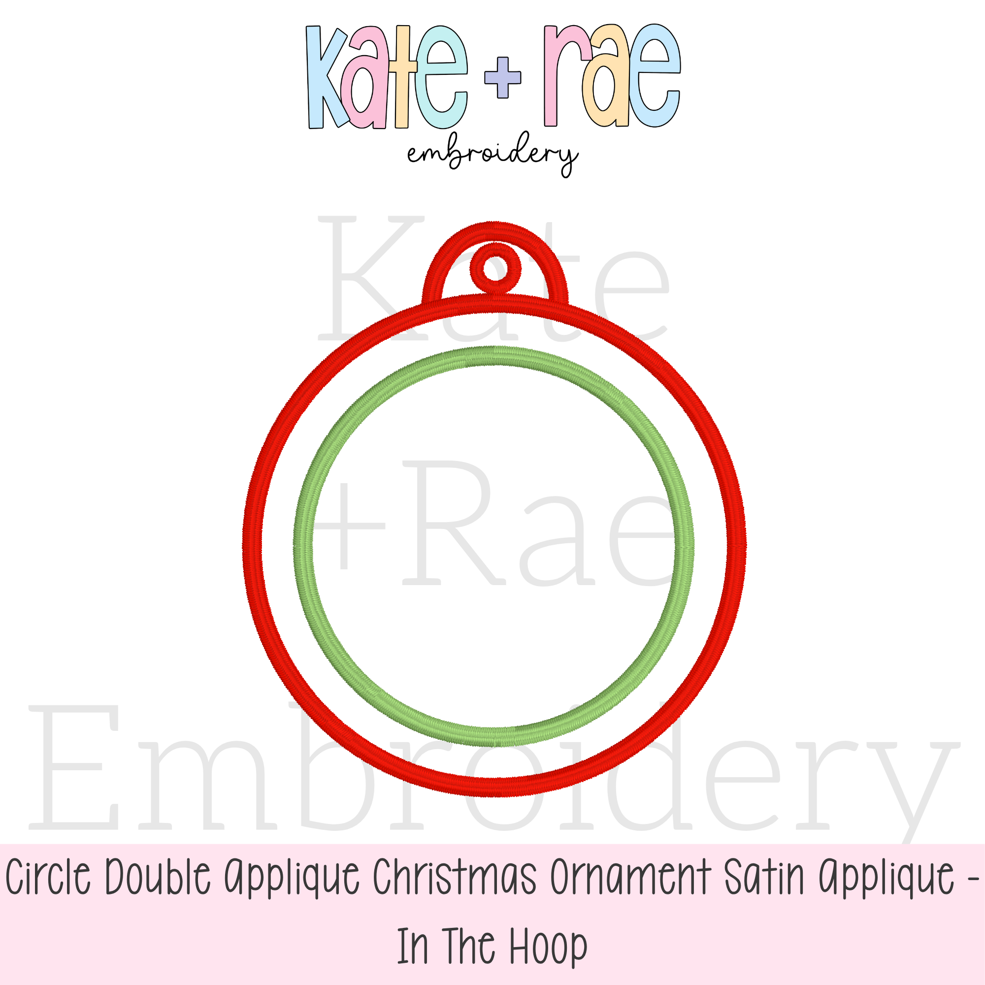 Circle Satin Stitch Applique Christmas Ornament In The Hoop Embroidery Design: Design preview of a red and green circle double satin applique in the hoop Christmas ornament