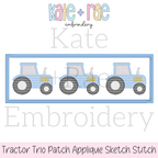 Tractor Trio Sketch Stitch with Satin Applique Patch Embroidery Design: Design preview of three light blue sketch stitch tractors on a blue rectangle satin applique patch