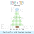 Christmas Tree with Stars Bean Applique Embroidery Design: Design preview of a green gingham Christmas tree bean applique with a blue star, available in 4x4, 5x7, 6x10, 7x12, and 8x8