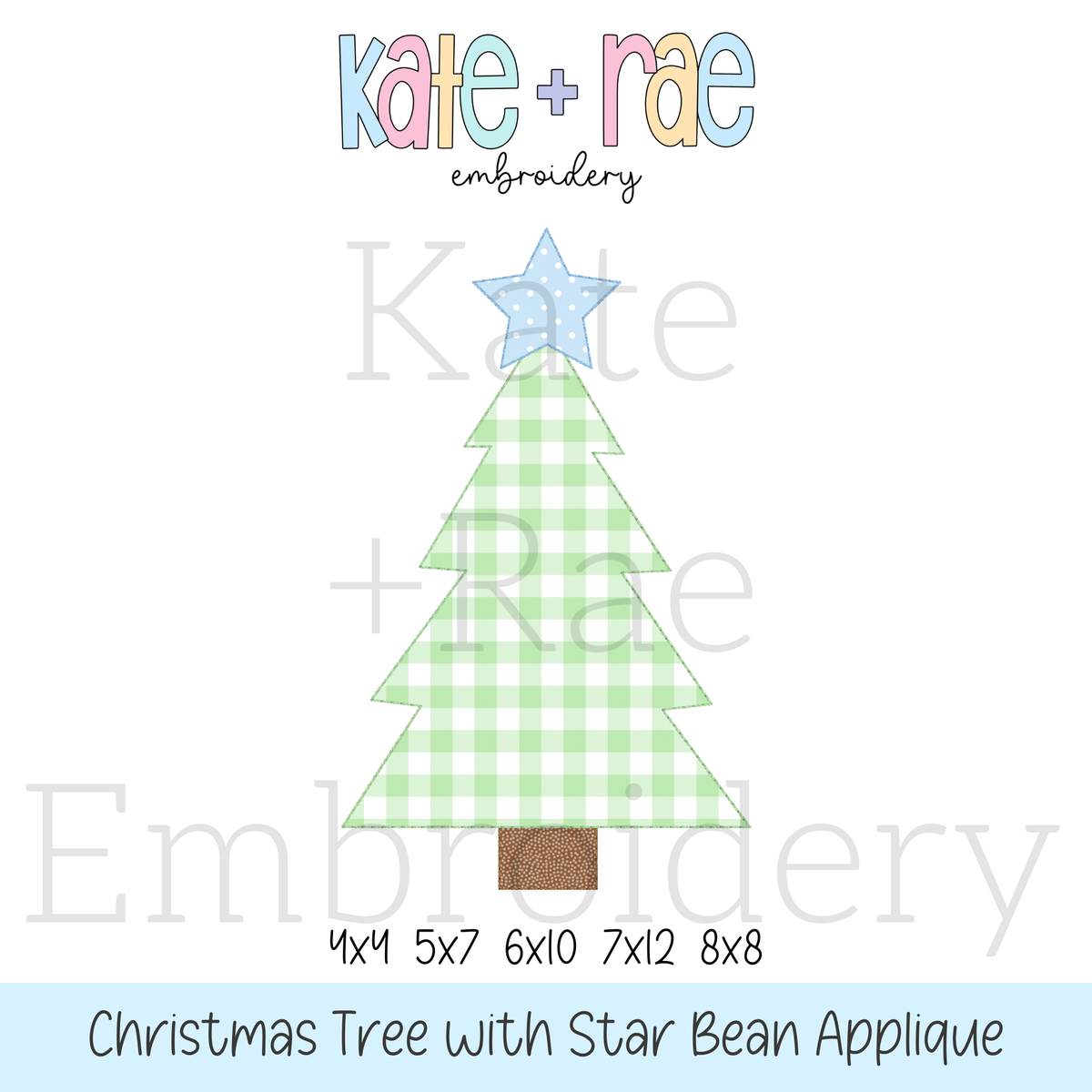 Christmas Tree with Stars Bean Applique Embroidery Design: Design preview of a green gingham Christmas tree bean applique with a blue star, available in 4x4, 5x7, 6x10, 7x12, and 8x8