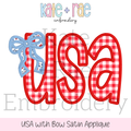 USA with Bow Satin Stitch Applique Embroidery Design: Design preview of USA in red gingham satin applique letters with a blue floral bow