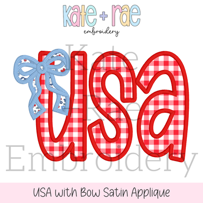 USA with Bow Satin Stitch Applique Embroidery Design