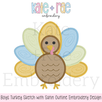 Boy's Thanksgiving Turkey Sketch Stitch with Satin Outline Machine Embroidery Design