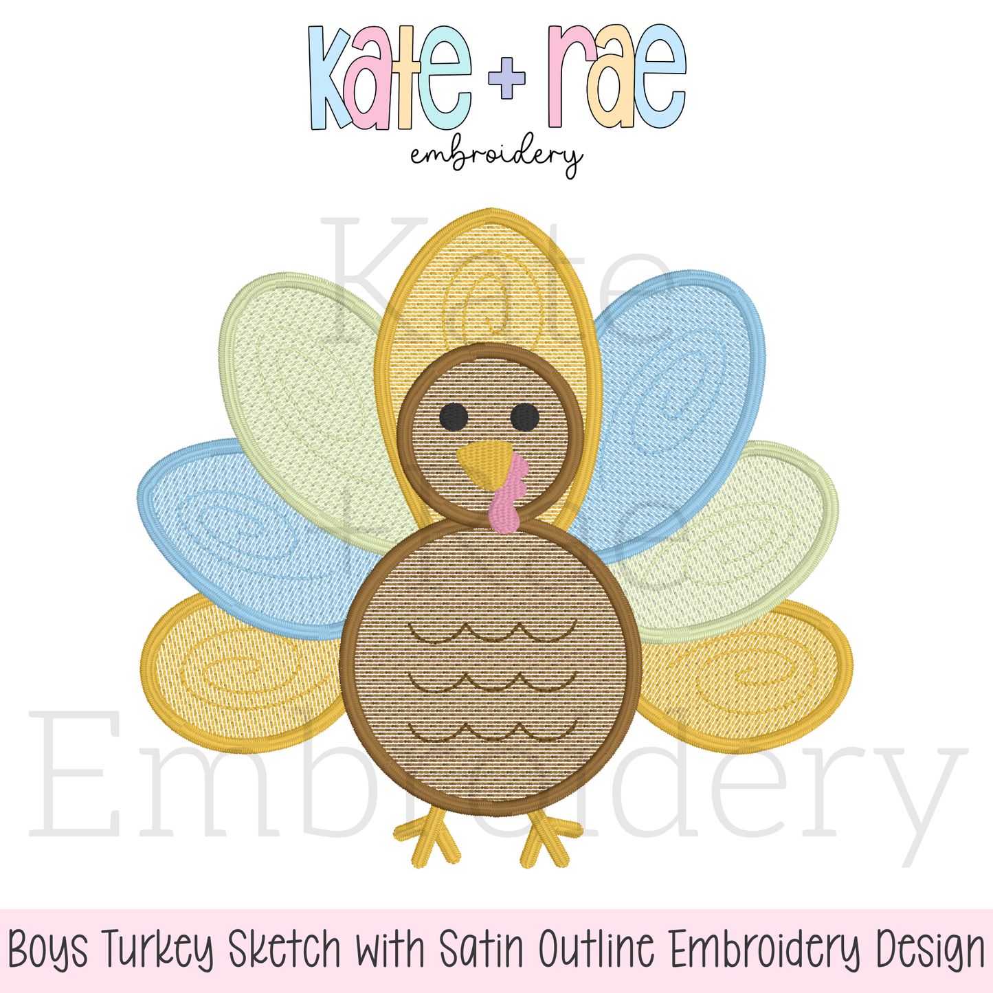 Boy's Thanksgiving Turkey Sketch Stitch with Satin Outline Machine Embroidery Design