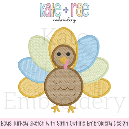 Boy's Thanksgiving Turkey Sketch Stitch with Satin Outline Machine Embroidery Design