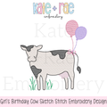 Cow with Bow and Birthday Balloons Sketch Stitch Embroidery Design: Design preview of a sketch stitch cow with a pink bow and pink and purple birthday balloons