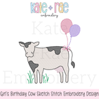 Cow with Bow and Birthday Balloons Sketch Stitch Embroidery Design: Design preview of a sketch stitch cow with a pink bow and pink and purple birthday balloons