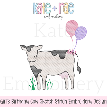 Cow with Bow and Birthday Balloons Sketch Stitch Embroidery Design