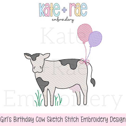 Cow with Bow and Birthday Balloons Sketch Stitch Embroidery Design