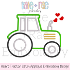 Tractor with Hearts Satin Stitch Applique Embroidery Design: Design preview of a green and gray satin stitch outline tractor with red hearts