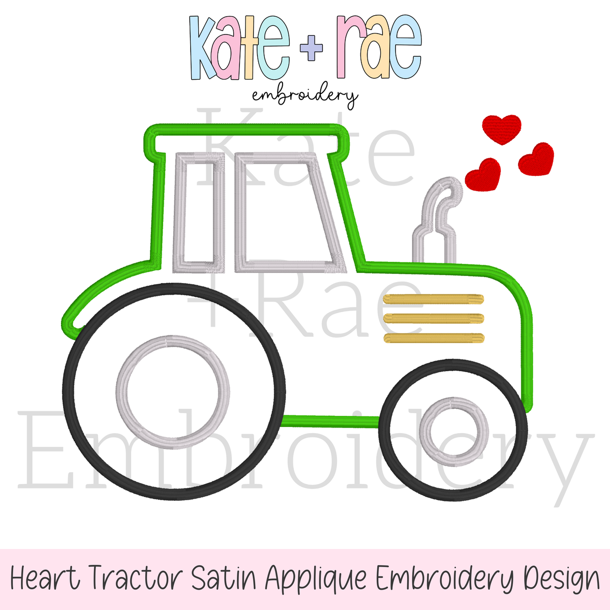 Tractor with Hearts Satin Stitch Applique Embroidery Design: Design preview of a green and gray satin stitch outline tractor with red hearts