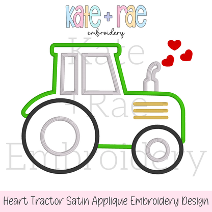 Tractor with Hearts Satin Stitch Applique Embroidery Design