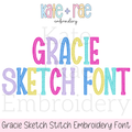 Gracie Sketch Stitch Embroidery Font: Font preview reading Gracie Sketch Font in bright pastel sketch stitch letters