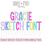 Gracie Sketch Stitch Embroidery Font: Font preview reading Gracie Sketch Font in bright pastel sketch stitch letters