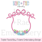Floral Triple Flowy Bow Crest Embroidery Design: Design preview of a pink triple bow frame with a pastel floral cluster at the bottom