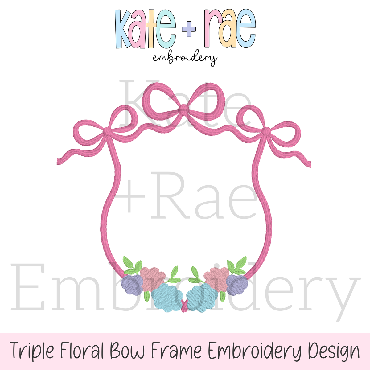 Floral Triple Flowy Bow Crest Embroidery Design: Design preview of a pink triple bow frame with a pastel floral cluster at the bottom