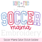 Curved Soccer Mama Satin Stitch Outline Embroidery Design: Design preview of SOCCER in pastel curved collegiate satin outline letters above mama in pink script